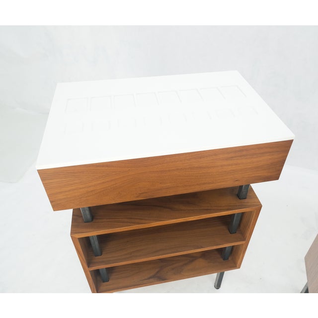 Pair of Oiled Walnut 1 Drawer 3 Tier Side End Tables Stands Composite Top Mint! For Sale - Image 10 of 14