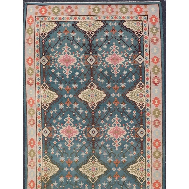 Textile Vintage Turkish Kilim Rug in Blue, Coral, Ivory, and Olive 5'7 X 14'2 For Sale - Image 7 of 13