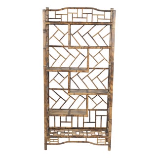 Vintage Tortoiseshell Bamboo & Rattan Chippendale Etagere Bookcase For Sale