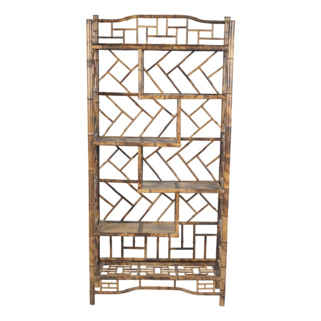 Vintage Tortoiseshell Bamboo & Rattan Chippendale Etagere Bookcase For Sale