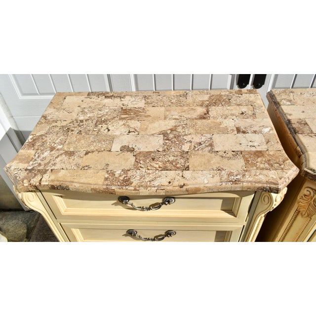 Stone Vtg. Pair of Thomasville Marble Top Italian Provincial Oversized Nightstands For Sale - Image 7 of 13