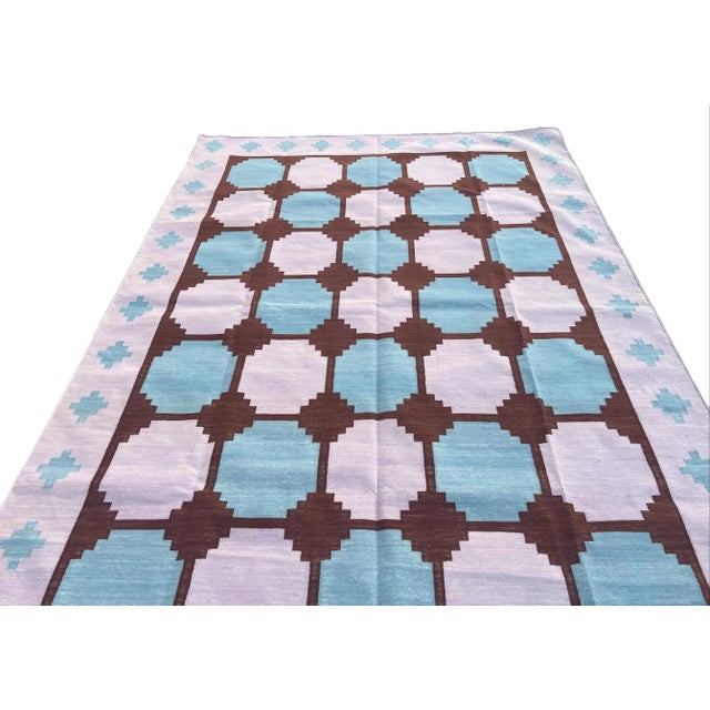 Textile Handmade Cotton Flat Weave Area Rug, Tile Patterned Lavender, Wine and Blue Dhurrie - 5'x7' For Sale - Image 7 of 10