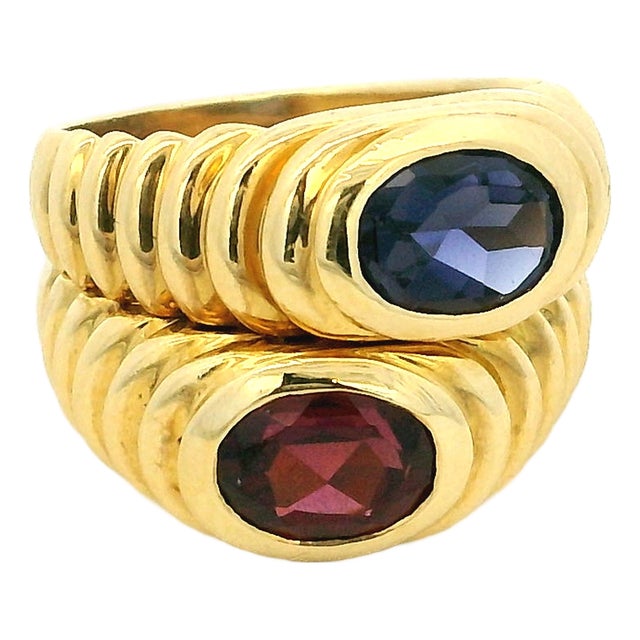 Vintage Italian 18k Gold Double-Stone Ring With Blue Topaz & Garnet, Size 6.75 For Sale