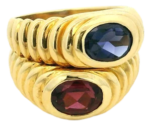 Vintage Italian 18k Gold Double-Stone Ring With Blue Topaz & Garnet, Size 6.75
