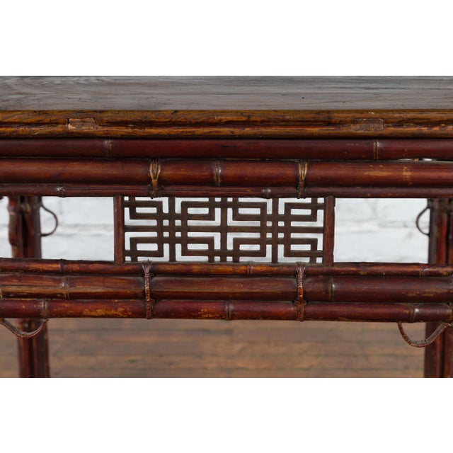 Early 20th Century Chinese Bamboo & Elm Wine Table with Rattan Looping Accents For Sale - Image 9 of 13