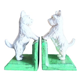 Vintage Cast Iron Green White Scottie Dog Book Ends- a Pair For Sale