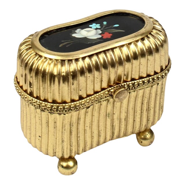 Small Victorian Gilt Metal Dresser or Ring Box with a Pietra Dura Plaque For Sale