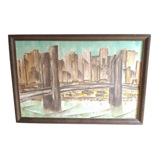 1950s Skyline Cityscape Oil on Board Painting, Framed For Sale