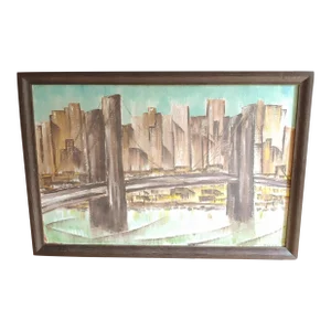 1950s Skyline Cityscape Oil on Board Painting, Framed