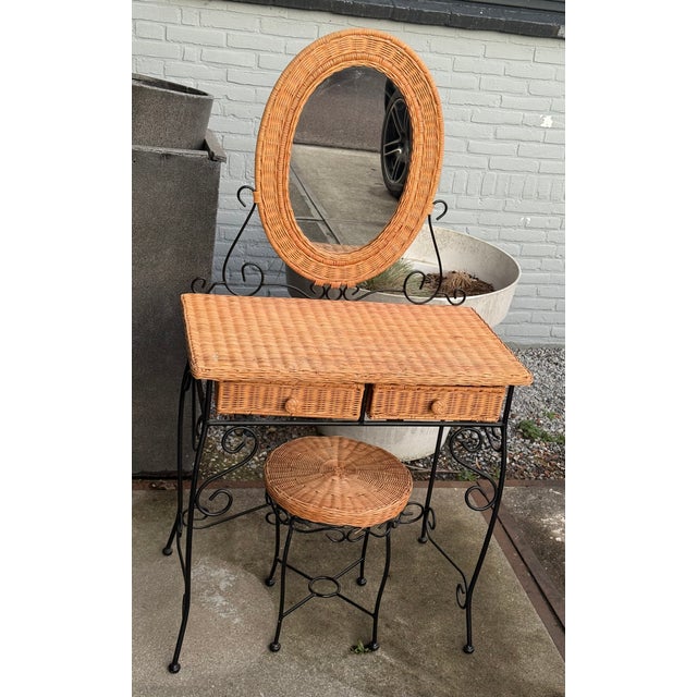 Rattan and Wrought Iron Vanity Table with Mirror and Bench, 1960s, Set of 2 For Sale - Image 11 of 18