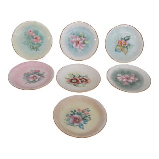 Mid 20th Century Porcelain Trinket Dishes Set of 7 With Hand Painted Flowers and Gold Trim For Sale