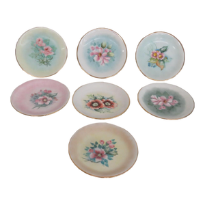 Mid 20th Century Porcelain Trinket Dishes Set of 7 With Hand Painted Flowers and Gold Trim
