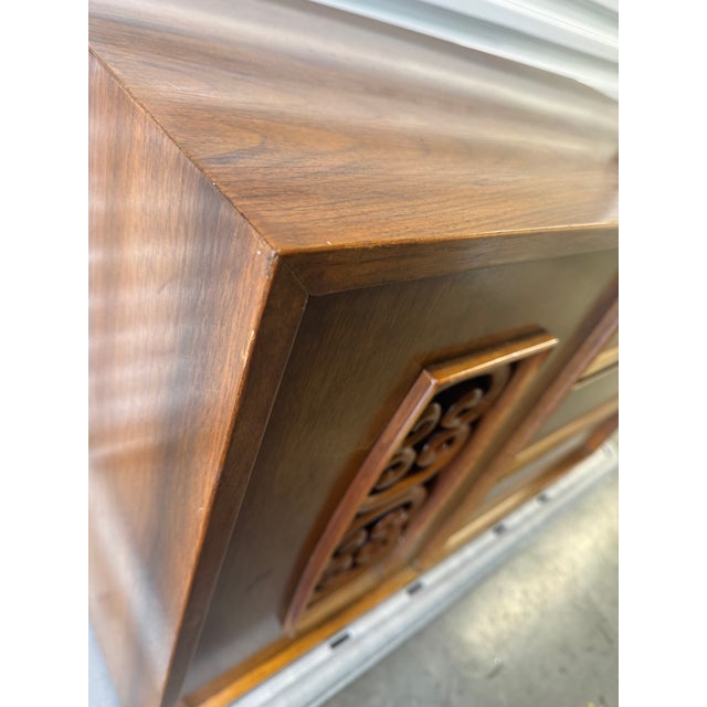 Mid-Century Modern Mid 20th Century Walnut Dresser Bachelors Chest With Carved Panel Door For Sale - Image 3 of 12
