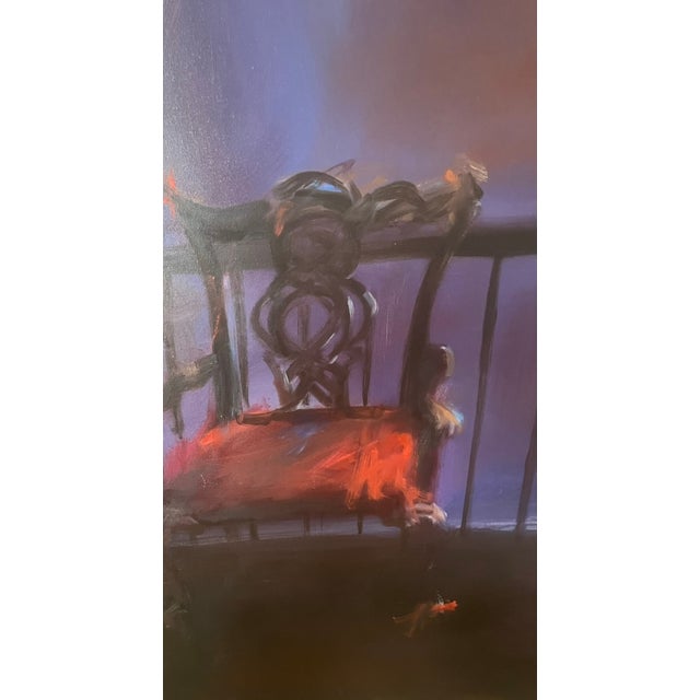 Original oil painting by artist Beverly Dennis, "Red Chair at Stairway". Purchased from Paige Gallery in the 90s. When...