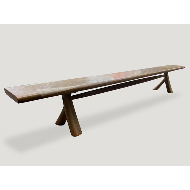 2010s Andrianna Shamaris Mid Century Couture Long Teak Wood Bench For Sale - Image 5 of 18