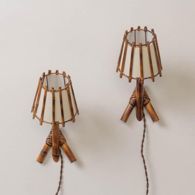Brown 1960s French Rattan Sconces by Louis Sognot - a Pair For Sale - Image 8 of 12
