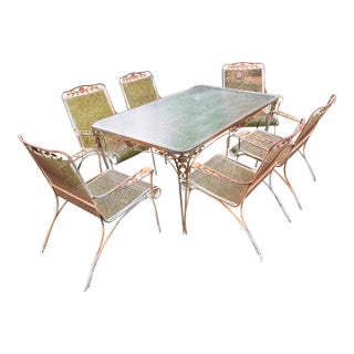 Vintage Woodard Style Wrought Iron Patio Dining Set - 7 Pieces For Sale