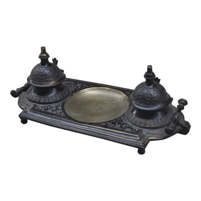 Victorian Brass Inkwell Stand With Floral Filigree | Double Ink Pot Desk Organizer |Ornate Home Office Decor |Luxury Calligraphy Writer Gift For Sale