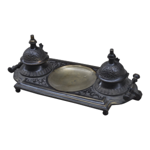 Victorian Brass Inkwell Stand With Floral Filigree | Double Ink Pot Desk Organizer |Ornate Home Office Decor |Luxury Calligraphy Writer Gift