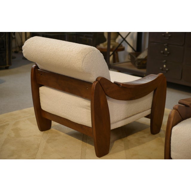 Wood Brutalist Armchairs in Wood and Ecru Bouclé, 1970s, Set of 2 For Sale - Image 7 of 13