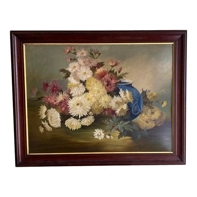 Vintage Still Life Flower Painting in Nice Wood Frame For Sale