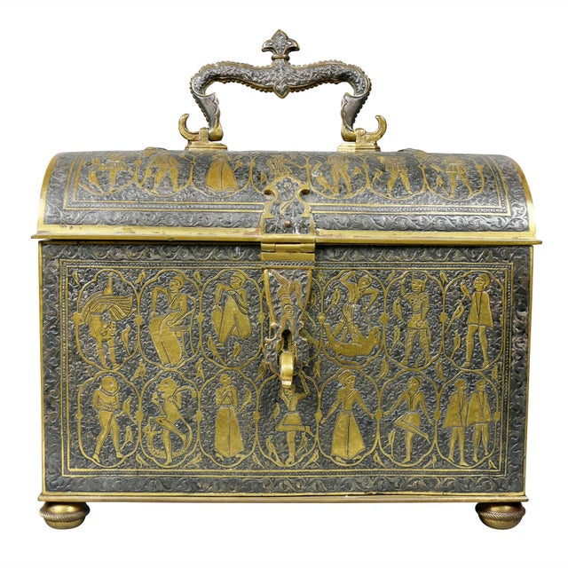 With a domed hinged lid and bail handle over a conforming case decorated overall with figures in Renaissance dress. Bun...