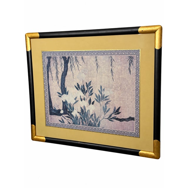 Chinoiserie Late 20th Century Chinoiserie Floral and Willow Artwork in Black and Gold-Tone Frame For Sale - Image 3 of 9