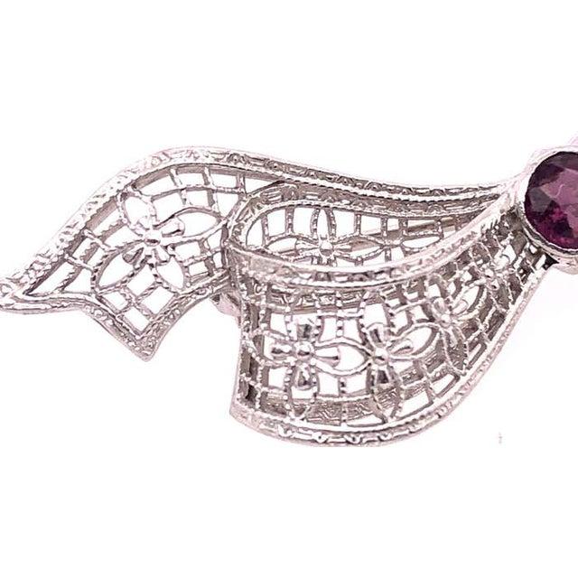 2010s 14 Karat White Gold Brooch Filigree Bow Design With Amethyst Center Stone Pin For Sale - Image 5 of 7
