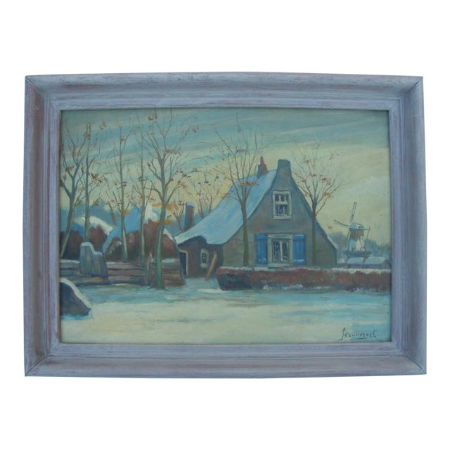 Winter Cottage European Painting Snow Scene Landscape For Sale