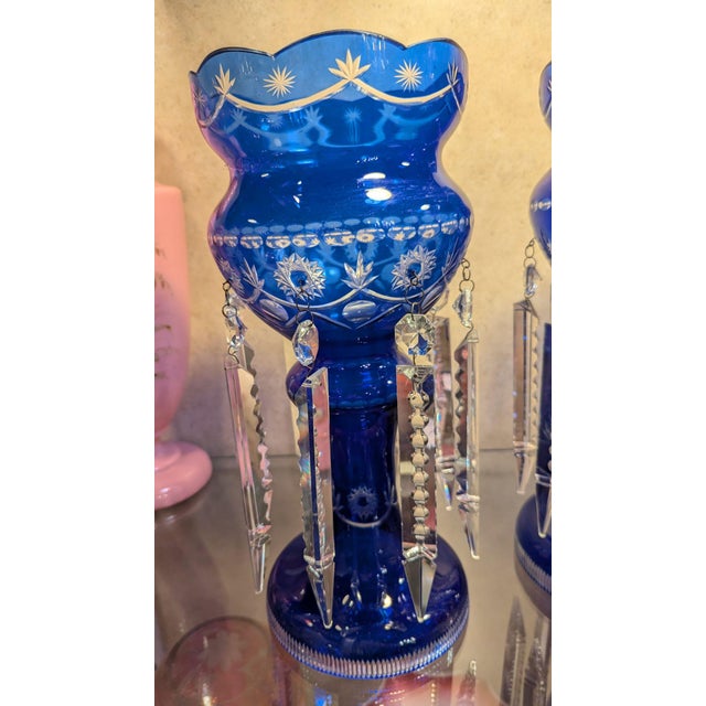 Glass Cobalt Flashed Crystal Lusters- a Pair For Sale - Image 7 of 8