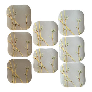 Vintage Mid Century Modern Square Bamboo Plates Hand Decorated by Weil Ware California Dinnerware 9 5/8” - Set of Eight (8) For Sale