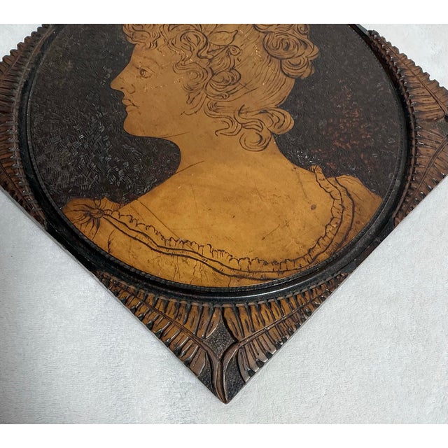 Brown Antique Art Nouveau Pyrography Woman Protrait Framed Hanging Wall Art, C. 1900s For Sale - Image 8 of 10