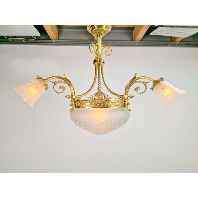 Antique Art Deco Glass and Bronze Chandelier, France, 1930s For Sale - Image 12 of 14