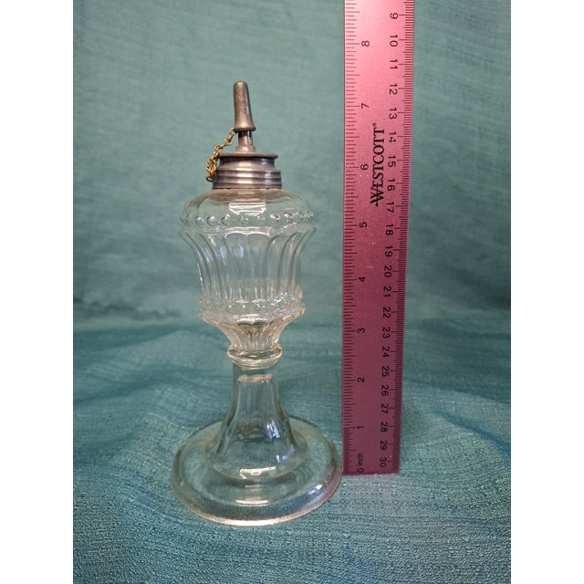 Matched Pair Antique 1830s-1850s Flint Glass Whale Oil Lamps Pewter Burner For Sale - Image 9 of 14