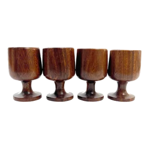 Mid Century Modern Genuine Hand Turned, Solid Monkey Pod Wood Stemmed Drinking Goblets - 4 Pieces