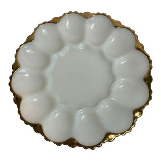 1950s Boho Chic Opaline Milk Glass Deviled Egg Plate With 22k Gilt Edge For Sale