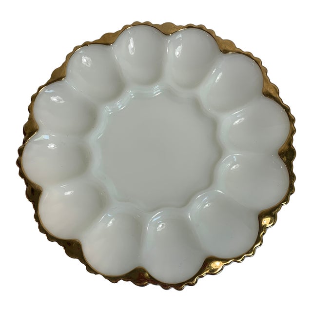 1950s Boho Chic Opaline Milk Glass Deviled Egg Plate With 22k Gilt Edge For Sale
