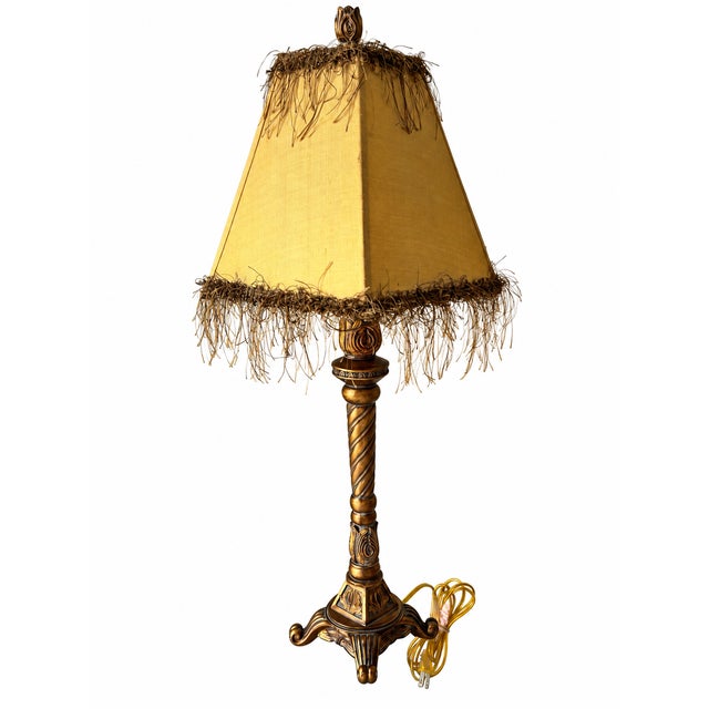 Baroque Ornate Gold-Tone Barley-Twist Buffet Lamp With Fringed Shade For Sale - Image 3 of 11