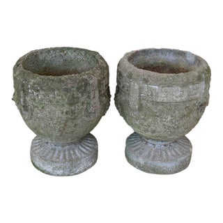 Vintage Neoclassical Cast Concrete Urn Planters With Greek Key & Grape Motif - A Pair For Sale