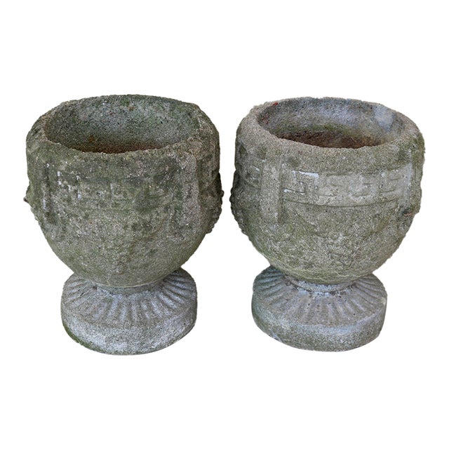 Vintage Neoclassical Cast Concrete Urn Planters With Greek Key & Grape Motif - A Pair For Sale
