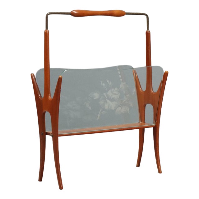 Vintage Magazine Rack in Curved Wood and Glass, 1950s For Sale