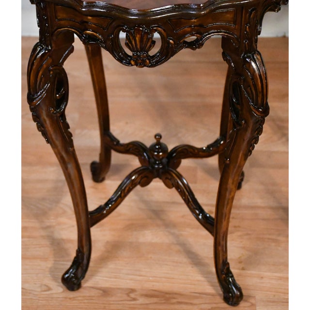 1930s French Walnut & Satinwood Inlay Pair of Side Tables / End Tables For Sale - Image 4 of 13