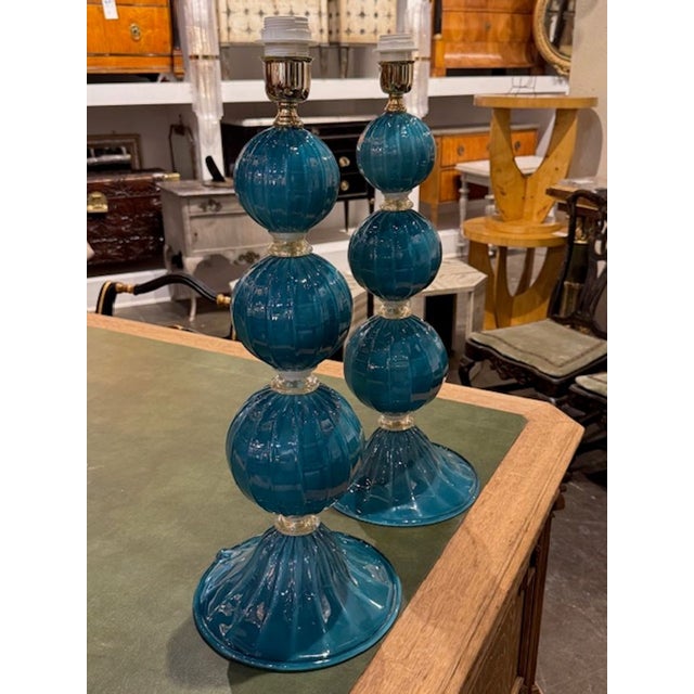 Pair of Modern Teal Ball Form Murano Glass Lamps For Sale In Dallas - Image 6 of 6