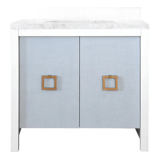 Matthew Izzo Home April Single Porcelain Sink Bath Vanity With Textured Light Blue Linen, Matte White Lacquer and Brass Hardware For Sale