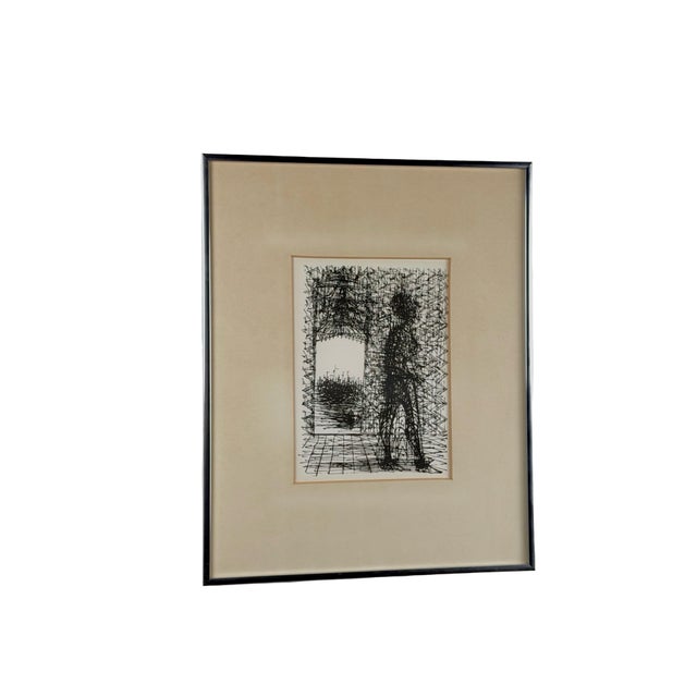 An original lithograph by Jean Carzou depicting a standing figure beside a tall window-like opening. Dense black linework...