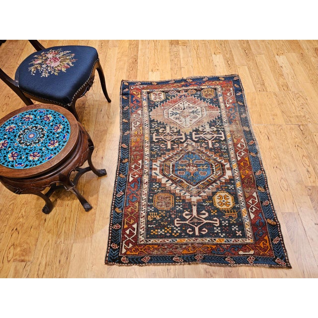 Antique Caucasian Kazak Rug, Hand-Knotted Wool, Geometric Pattern, Blue & Red, 3' x 5' For Sale - Image 9 of 18
