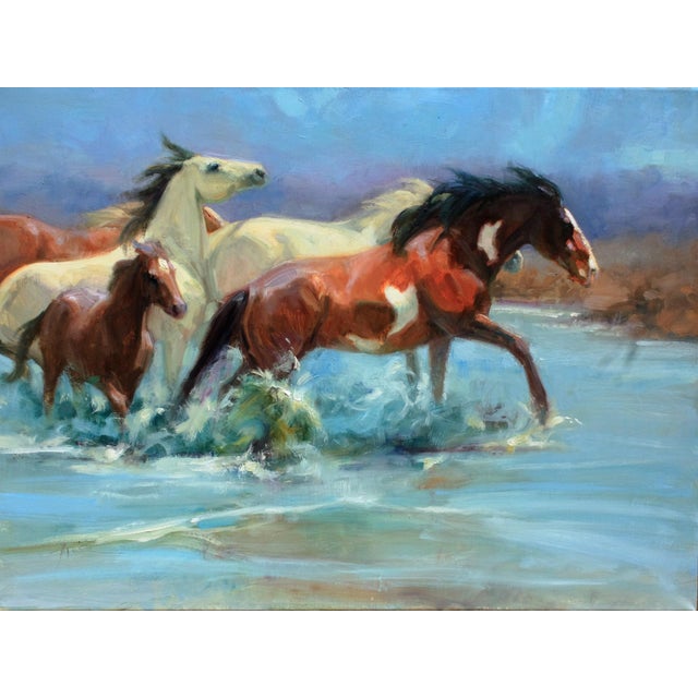 Sand Wash Crossing by Lani Vlaanderen | Oil Painting of horses crossing a stream. For Sale