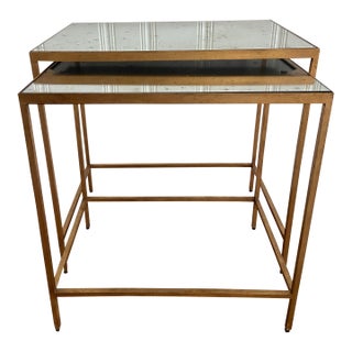 Late Twentieth Century Ethan Allen Zachary Venetian Aged Glass Top Regency Gold Frame Nesting Tables - Set of 2 For Sale
