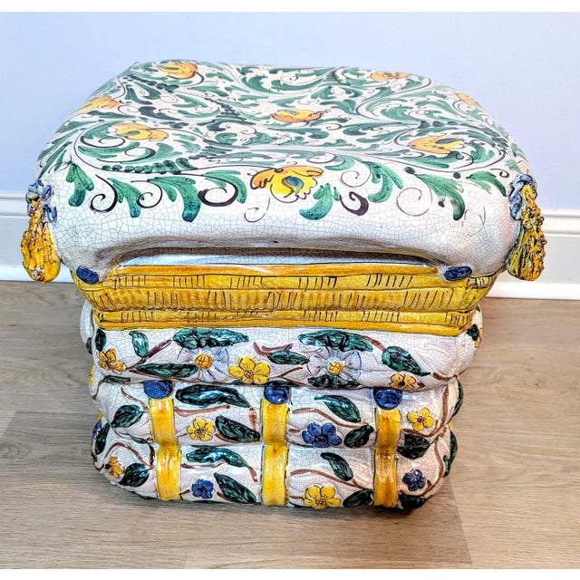 1970s Italian Majolica Stacked Pillows Garden Stool or Ottoman - Trompe l'Oeil Style For Sale In Raleigh - Image 6 of 16
