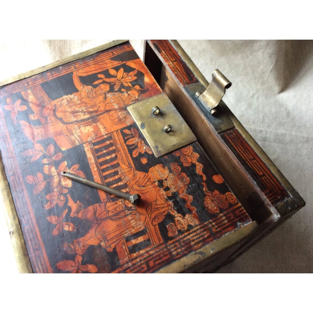 Brown Antique Chinese Export Yew Wood & Brass Tea Caddy, Hand-Painted, Late Qing Dynasty, Circa 1880 For Sale - Image 8 of 12